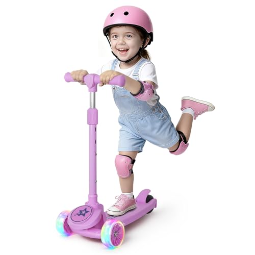 Nattork Patinete infantil de 3 ruedas con 3 manillares de altura ajustable, dirección mediante inclinación y amplia plataforma antideslizante, para niños y niñas a partir de 2 años (rosa)