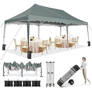 HOTEEL 10×20 Pop Up Canopy Tent for Parties Outdoor Canopy Tent Waterproof Easy Setup Tent Heavy Duty with Church Windows Sandbags Rolling Bag for Party Backyard Wedding Event Grey Green