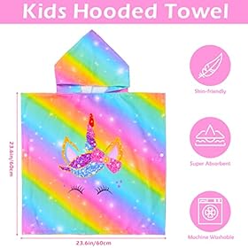 Bath Beach Pool Towel with Hood for Kids Girls, Hooded Towels Swim Poncho Towel Cover-ups for 3-8 Years with Drawstring Bag, Super Absorbent, 24 in x24 in (Rainbow Unicorn) 41fEp2THDUL. SS280