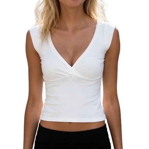 Image of Women Deep V Neck Wrap Tank Tops Sleeveless Slim Fit Plunge Top Basic Summer Stretchy Going Out Crop Top (Wrap White, S)