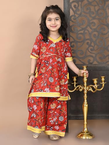 Image of superminis Girls Cotton Floral Printed Gota Patti Work Half Sleeves Sharara Suit