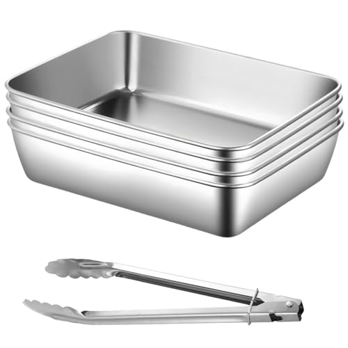 GOMETY 4 Stück Panier-Set aus Edelstahl, 25.5 x 20 x 5.5 cm 4-teilig Schalen zum Panieren mit Panierzange Panierstraße Edelstahl Schnitzel Panierset Fleisch Fisch Metall Panierstraße Grillschale