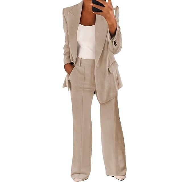 Womens 2 Piece Blazer Outfits Business Button Down Cardigan Jacket High Waisted Straight Leg Pants Dressy Suit Set