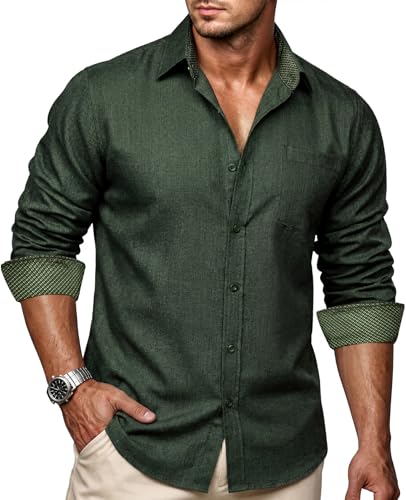 Image of Ailisus Men's Linen Shirts Long Sleeve Regular Fit Business Casual Cotton Dress Shirt Button Down Contrast Collar Olive Green XL