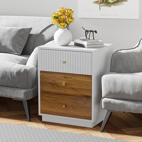 Image of 23.6 inch Set of 2 Tall Night Stand with 3 Storage Drawers, Fluted Nightstand with Metal Handles, Modern End Table Bedside Table Chest for Bedroom, White and Natural