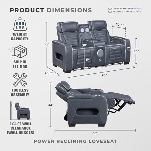 Lexicon Power Double Reclining Loveseat, Center Console/Heat/Massage/Headrest/Storage Arms/Cup Holders/LED Lights/Wireless Speaker, Top Grain Leather - image 2