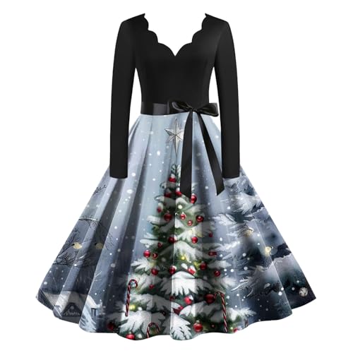 Weihnachtskleid Damen Lustig A Linie Kleid Weihnachten Elegant mit Weihnachtsmotiv für Frauen Langarm Festliche Weihnachtsfeier Lustige...