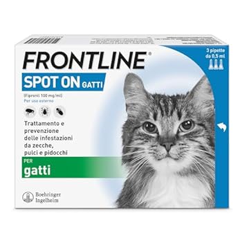 FRONTLINE Spot On, 3 Pipette, Gatto, Antiparassitario per Gatti e Gattini di Lunga Durata, Protegge da Zecche, Pulci e Pidocchi, Antipulci in Confezione da 3 Pipette da 0.5 ml