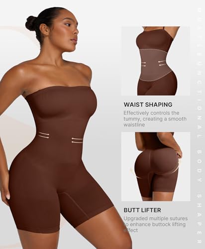 Image of SHAPELLX Women's Shapewear Bodysuits Tummy Control Butt Lifter Body Shaper Strapless Seamless Mid Thigh Jumpsuit Tops