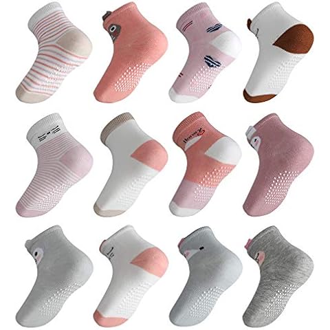 Lictin Baby Socks Non Skid Socks - 12 Pairs Girls Animal 3D Design Assorted Colored Socks, 1-3 Year Pink/White/Grey/Rose Red Socks Infant Toddler Socks Cover