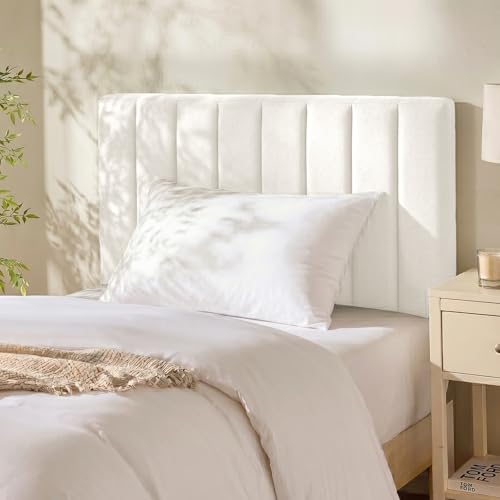 Hearth & Harbor Upholstered Twin Headboard - Easy Assemble Channel Stitched Headboard Twin Size - Wall Mounted Headboards with 3D Soundproof Wall Panels Peel & Stick Floating Headboards Off White