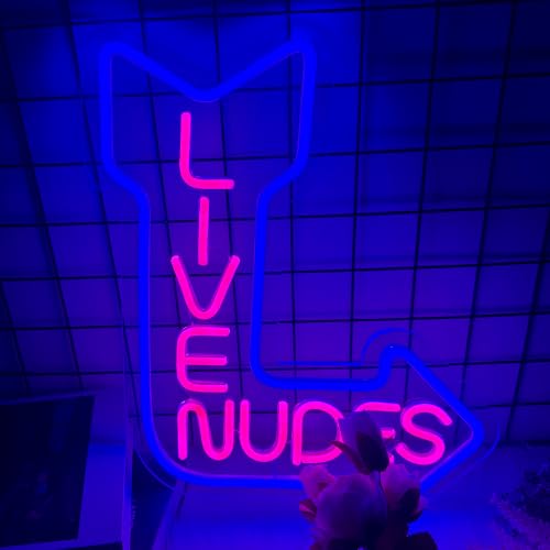Live Nudes Neon Sign with Retro Arrow - Blue & Hot Pink LED Neon Lights for Man Cave Home Bar Garage Bachelor Pad Club Pub Den Wall Decor Fun Sexy Wall Art USB Powered Dimmer Switch 16x13in
