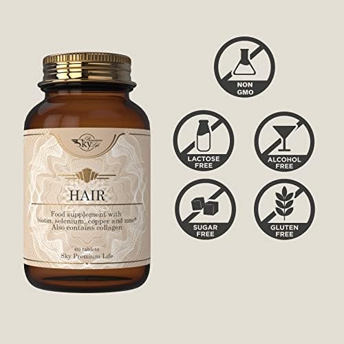 Sky Premium Life Hair Growth Food Supplement  60 Tablets with Biotin, Selenium, Copper and Zinc. Contains Collagen. Halal & Kosher.