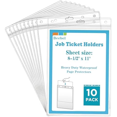Beebel 10 Pack Job Ticket Holders 8 1/2" x 11" Waterproof Zip Page Protectors Heavy Duty Dry Erase Document Storage Shop Ticket Holders (Clear-Vertical) Cover