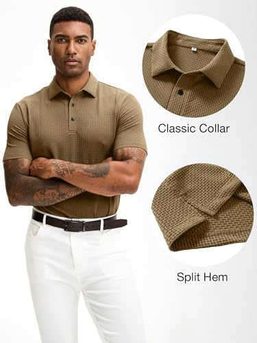 JEMLDL Men's Jacquard Collared Short Sleeve Polo Shirts Moisture Wicking Lightweight Breeze Golf Polo Shirts Brown L — view 6
