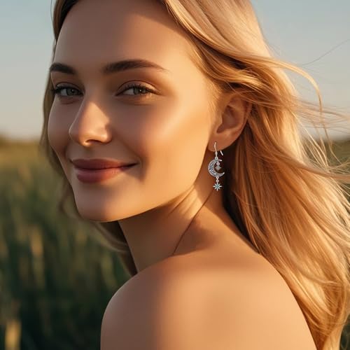 Moon Star Earrings Sterling Silver Star Dangle Drop Earrings Birthstone Jewelry Gifts for Women Wife Mother3