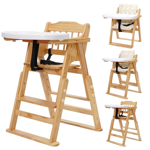 Yosamy 4-in-1 Wooden Highchair Foldable Baby Highchair with Adjustable Height & Footrest Convertible Highchair Removable Tray Safe Harness Suitable from 6 Months to 10 Years