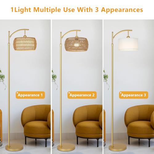 Image of eyassi Arc Floor Lamp with 3 Color Temperatures, LED Gold Floor Lamp with Remote & Stepless Dimmable Bulb, Boho Standing Lamp with Rattan & Fabric Shades, Farmhouse Tall Lamp for Living Room Bedroom