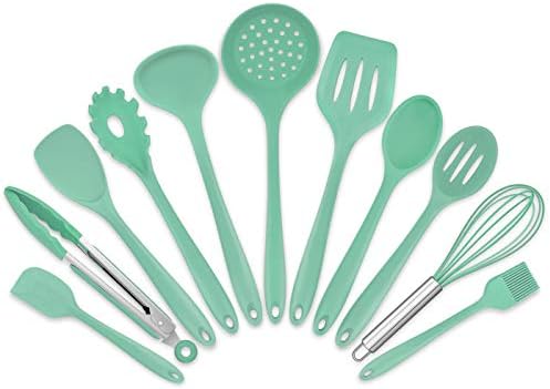 Homikit 11 Pieces Cooking Utensils Set, Silicone Kitchen Utensil Spatula Set for Nonstick Cookware, Green Kitchen Tools Include Whisk Turner Spoon Ladle Skimmer, Heat Resistant, Dishwasher Safe