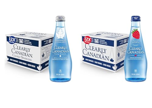 Image of Clearly Canadian Sparkling Flavored Water, 11 oz Glass Bottles - Variety of Refreshing Flavors, Premium Carbonated Beverage, Available in 12-Pack and 24-Pack Options (24 Pack, Sparkling /Strawberry)