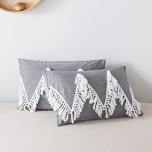 Softta Boho Bedding Tassel Duvet Cover Fringed Queen 3 Pcs 100 Percent Washed CottonTeen Baby Vintage and Elegant Ruffle Duvet Covers Green, Grey+ Whitetassel