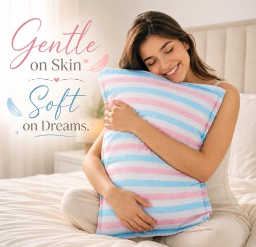 Image of VAS COLLECTIONS Premium 210 TC Cotton Satin Stripe Pillow Cover Set of 2 (18x28 Inches) | Hotel Quality Soft Breathable Pillow Cases | Pillow Covers for Home Hotel Hospital Use, Pink & Blue