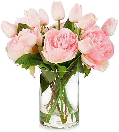 ENOVA FLORAL Artificial Flower Arrangement with Vase, Faux Flower in Vase, Mixed Artificial Real Touch Tulip and Fake Silk Peony Flower in Vase for Decoration Home Office, Wedding Centerpiece (Pink)