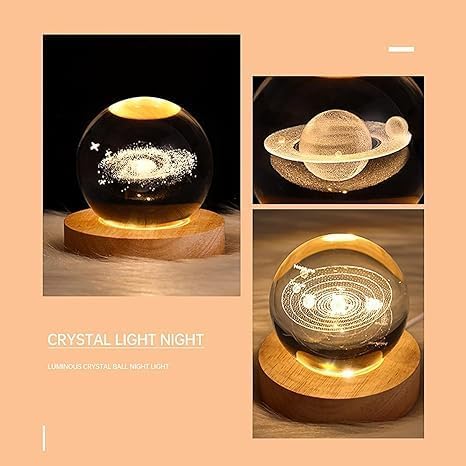Image of 3D Saturn Crystal Ball Night Lamp, Creative Engraved Crystal Ball Night Light, Table LED Wooden Crystal Ball for Home Office Decoration Birthday Gift Adults (Saturn Lamp)