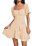 LYANER Women's Square Neck Ruffle Wrap Mini Dress Off Shoulder Flounce Short Sleeve A Line Flowy Dress Beige Medium