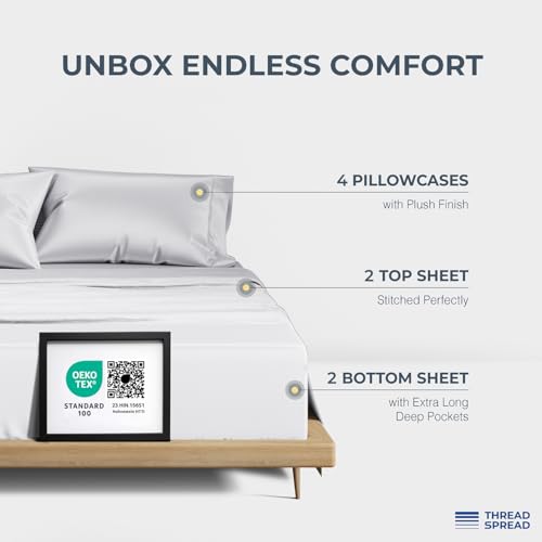 Image of THREAD SPREAD 100% Egyptian Cotton Sheets Queen Size - Luxury 1500 Series Queen Sheet Set Egyptian Cotton (Pack of 2, White), Silky Soft, Sateen Weave, Cooling & Breathable, 17 inch Deep Pocket Bed Set