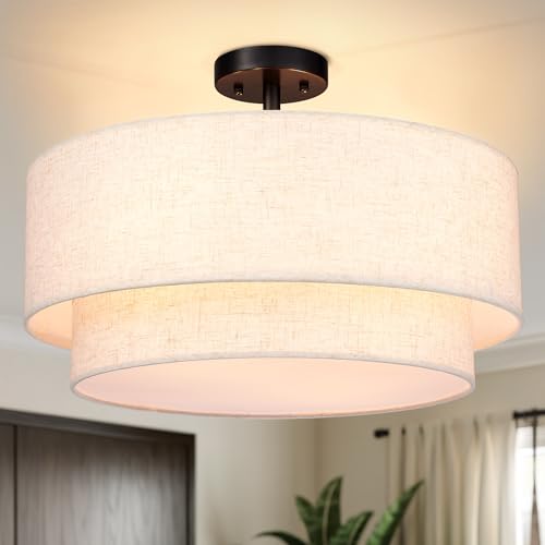Hamilyeah 20 inch Semi Flush Mount Ceiling Light Fixture with 4 Light, Beige Drum Light Fixture Ceiling Mount with Fabric Shade, Modern Close to Ceiling Lighting Double Layer for Living Room, Bedroom