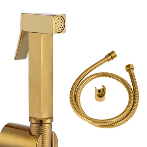 Image of ZAP Cube Series Gold Plated Brass Health Faucet with Stand & Hose Pipe | Premium Jet Spray for Toilets | Hand Spray Set | Health Faucet Bidet Set (Gold Plated)