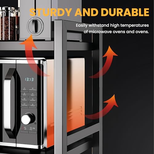 Microwave Oven Rack, 2-Tier Expandable Microwave Stand with 6 Hooks, Kitchen Countertop Organizer Shelf with Cutting Boards Stand for Plates, Spices