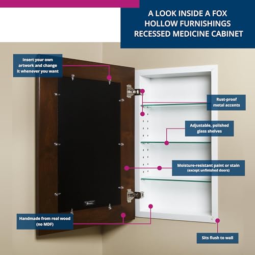Image of 14x24 Concealed Picture Frame Medicine Cabinet without Mirror for Bathroom, Recessed in the Wall, Made in North America, Real Wood, NO MDF, Adjustable Shelves, Hidden, Caramel