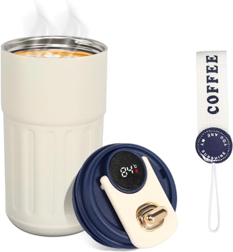 FAYAZ Travel Mugs, Reusable Coffee Cups Travel 450ml LED Temperature Display Smart Water Cup, 316 Stainless Steel Thermal Mug,Leakproof- for Hot & Cold Drinks (White+Blue)