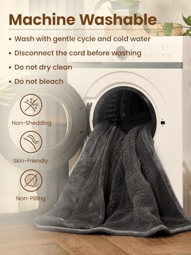 Image of Bearhug Electric Blanket Twin Size, 90F-108F Fast Heating Throw with 10 Heat Levels & 1-12H Auto Shut-Off, Machine Washable Soft Velvet and Sherpa Heated Blanket for Bed or Couch, Gray