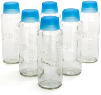 AquasanaGlass Water Bottles and BPA Free Lid, 18-oz, 6-pack, White, blue