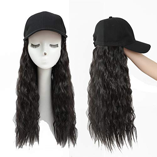 King Gift Baseball Hat with Hair Synthetic Long Wave Baseball Cap with Hair Brown Black Wavy Women Wig Hats with Hair Wavy Extensions