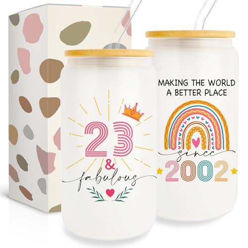 23th Birthday Gifts for Her, 23 Year Old Woman Gifts, 23th Birthday Gifts for Woman, 2002 Birthday Present, Happy 23th Birthday Glass Cups with Lid and Straw, 23th Birthday Party Decorations