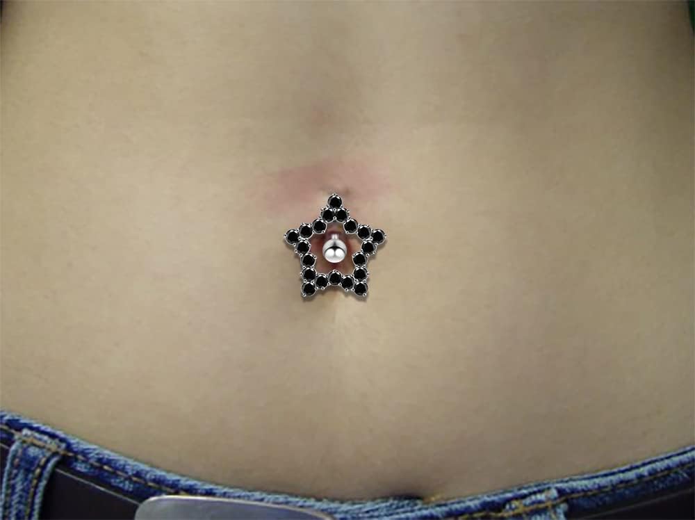 Fancy Cut Out Studded Star Reverse Bar Design 925 Sterling Silver with Stainless Steel Belly Ring - Belly Button jewelry - Navel jewelry