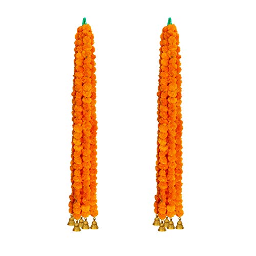 Image of iHandikart Artificial Marigold with Bell Decorative Garland | Marigold Garland | Door Hanging Garland, Diwali Decoration, Size 60 inch, Pack of 10 Colour Mango (31042-B)