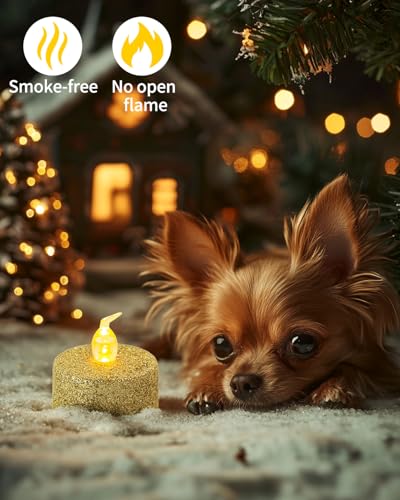 Image of Gold Glitter Tealights Candles with Timer, 12 Pack | Battery Operated Tea Lights for Wedding, Christmas Decorations,Anniversary, Built-in 6 Hours