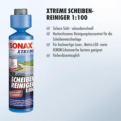 SONAX XTREME ScheibenReiniger 1:100 (250 ml) ergibt 25 Liter Reinigungsflüssigkeit und sorgt sekundenschnell für klare Sicht | Art-Nr. 02711410