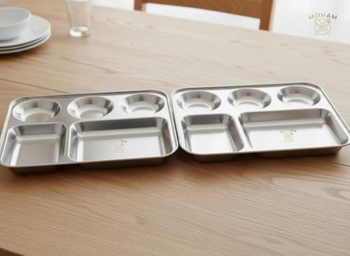 Image of MOHAM Stainless Steel Rectangular Partition Plate 5 in1 /Bhojan Thali /Compartment Plate /Steel Thali /Dinner Plate Pack of 2 for Breakfast /Lunch /Dinner /Pav Bhaji Plates
