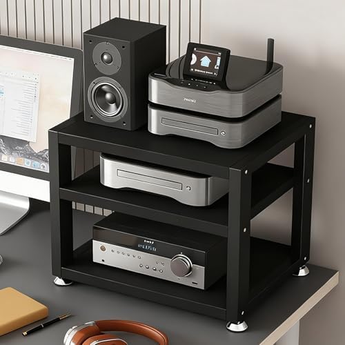 2 Tier AV Media Stand, Audio Rack for Stereo System, Open Media Storage Cabinet for HiFi Equipment, Record Player Stand for Amplifier & DVD Player, Black 45x35x23cm
