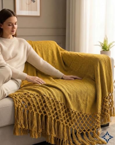 Image of HAKAM Throw Blanket for Sofa & Bed | Soft Cotton Sofa Throw | Bohemian Aesthetic Blanket | Sofa Cover Throw with Handmade Tassels | Lightweight Blanket (Mustard Yellow, 128x178 cm)