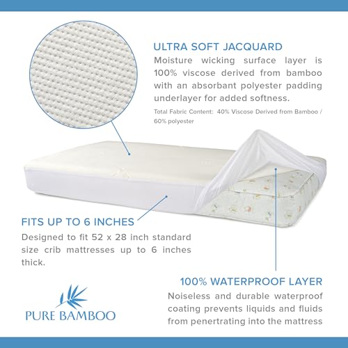 Image of Bamboo Crib Mattress Protector by Pure Bamboo, Waterproof - Breathable, Noiseless Mattress Cover Pad Protects Against Moisture & Stains - Fits 52x28x6 inch Mattress