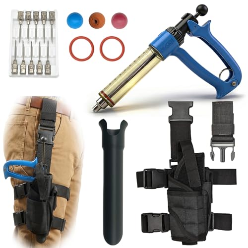 50mL Adjustable Repeater Syringe + Heavy Duty Belt Holster Continuous Injector (1-5mL) & Hands Free Carrier Bundle for Cattle, Sheep & Swine, Blue Syringe & Black Holster