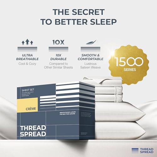 Image of THREAD SPREAD 100% Egyptian Cotton Sheets Queen Size - Luxury 1500 Series Queen Sheet Set Egyptian Cotton (Pack of 2, White), Silky Soft, Sateen Weave, Cooling & Breathable, 17 inch Deep Pocket Bed Set