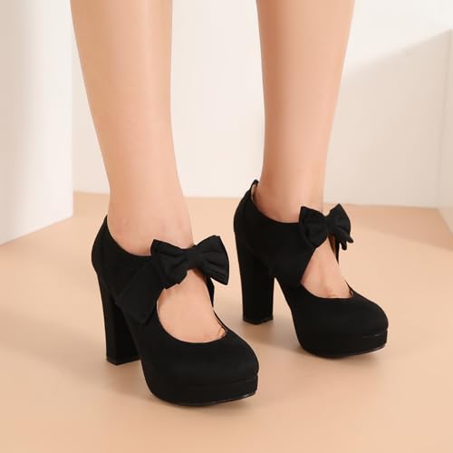 Womens Bow Heels Mary Jane Shoes Round Toe Platform Chunky High Heel Vintage Dress Pumps2